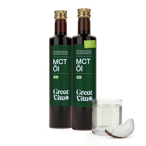 GreatVita Bio MCT Öl auf Kokosölbasis 2x 500 ml | 60% Caprylsäure (C8) & 40% Caprinsäure (C10) Fettsäuren | 100% reines MCT Oil geschmacksneutral - Zuckerfrei, GVO-frei