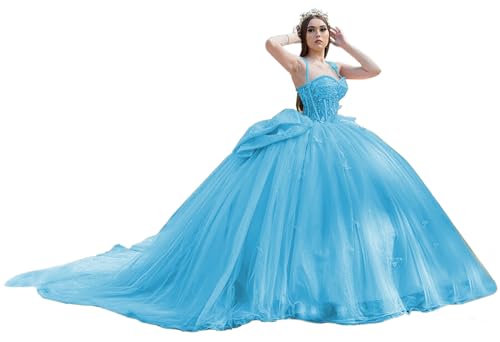 BESELE Luxury Blue Quinceanera Dresses with Butterfly Spaghetti Straps Ball Gown with Train Puffy Sweet 16 Dresses 2