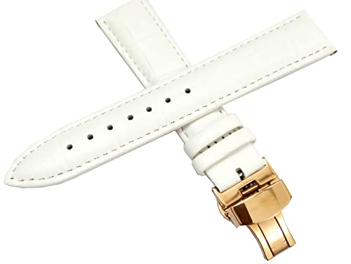Image of 18mm 19mm 20mm 21mm 22mm 23mm 24mm Genuine Leather Butterfly Deployment Clasp Buckle Watch Band Strap Black Dark Brown TAN Blue Rose Black Gold White