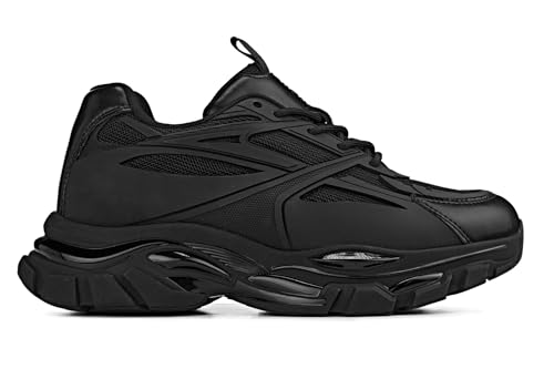 CALTO Men's Invisible Height Increasing Elevator Shoes - Jet Black/Onyx Sole Chunky Sole Lace-up Sporty Sneakers - 2.6 Inches Taller - S5282 - Size 10 D(M) US2