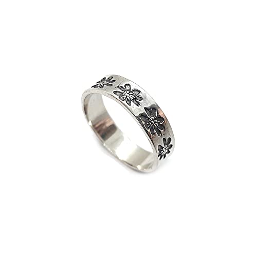 Bague en argent sterling 925 véritable avec anneau fleuri solide