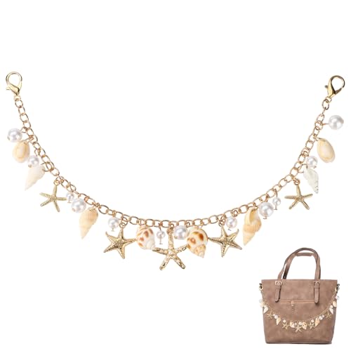 Lyreh Ocean Handbag Chain Alloy Beach Conch Pearls Starfish Shells Bag Charm Stylish Gold Sea Shell Beachy Seashell Bag Jewelry Decoration Accessories for Women Friend Wife Gift