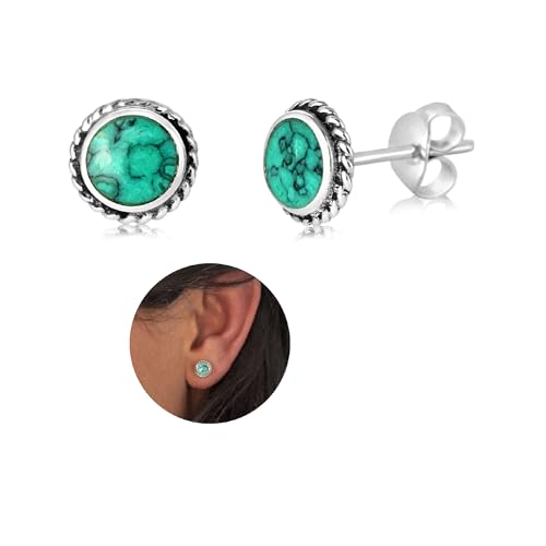 Sterling Silver Gemstone Stud Earrings for Women, Handmade Dainty Minimalist Post Earrings, Small Everyday Jewelry (7mm-Frame-Round-Turquoise)