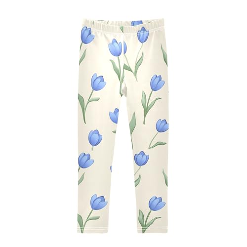 Blue Tulip Flower Girls Leggings Soft Stretch Workout Yoga Dance Pants for Kids Casual Tights