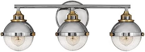 Hinkley Fletcher Three Light Bath Vanity Fixture, Dome Shade and Clear Seedy Glass, Polished Nickel and Heritage Brass Accents
