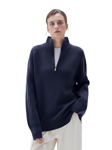 Image of SUUKSESS Women Cashmere Blend Oversized Quarter Zip Pullover Sweater Long Sleeve Collared Ribbed Knit Jumper Tops