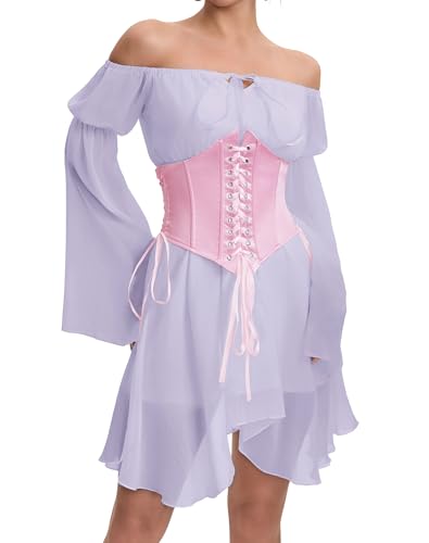 Image of Womens Corset Dresses Off Shoulder Bell Sleeve Casual Party Fairy Two Piece Outfits Bustier Dress
