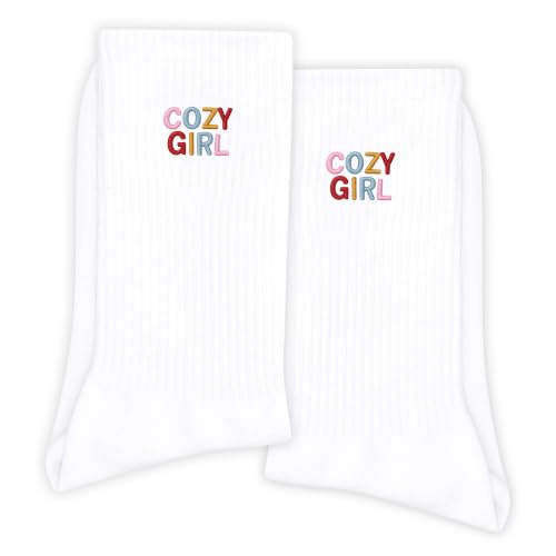NZNDTYUI Cozy Girl Embroidered Crew Socks for Women, Cute Novelty Socks