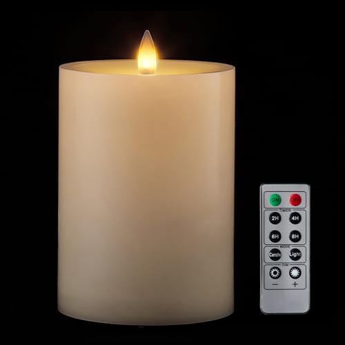 Image of Flameless Pillar Candles Flickering with Remote Timer, Battery Operated LED Candles Up to 400 Hours, 3D Moving Flame Real Wax Candles, D4 x H6, Remote Included (Ivory, 4inx6in)
