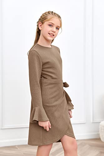 Girl's Midi Dresses Solid Waffle Knit Dress Flared Long Sleeve Belted Dress for Kids4