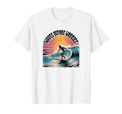 Camiseta Waves Before Worries - Camiseta gráfica retro Surf Sunset Camiseta