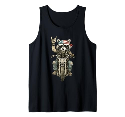 Patriotic Raccoon Lover Rock Sign Retro US Biker Racoon Tank Top
