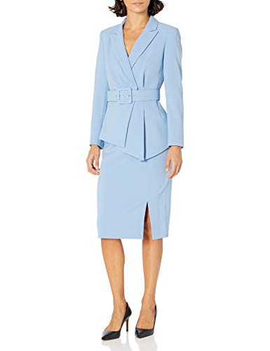 Tahari ASL Women's Belted Notch Collar Jacket with Pencil Skirt Set, Forever Blue, 16