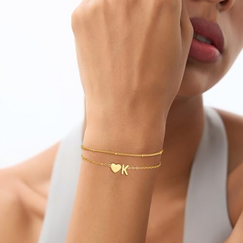 Gold Initial Bracelets for Women Girls - 18K Gold Plated Heart Initial Bracelet Teen Girl Gifts Trendy Stuff Dainty Gold Bracelets for Women Girls Trendy Jewelry Gifts3