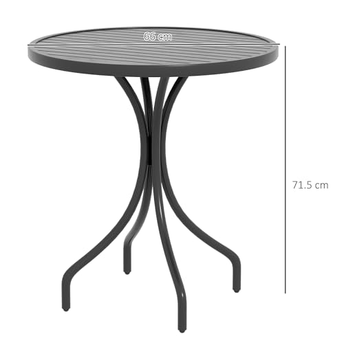 Outsunny Φ66cm Garden Side Table, Round Bistro Coffee Table, Outdoor Patio Table with Steel Frame and Slat Tabletop for Balcony and Porch, Black - Image 7