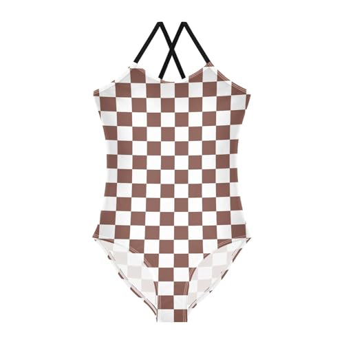 Image of Black and White Chess Girls One Piece Swimsuits Board Marble Tile Sport Halter Swimwear Beach Bathing Suit 3T