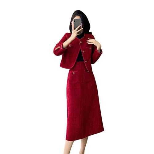 Ensemble de jupes longues en tweed à col rond femme automne hiver style français