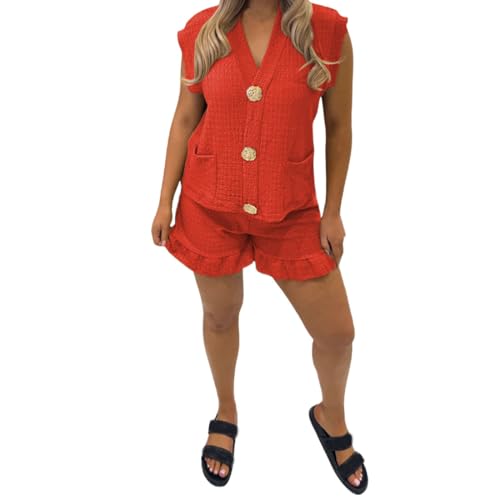 Survêtement boutons dorés et haut texturé rouge col en V pour femme
