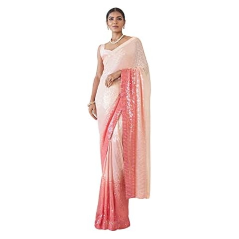 Womens Georgette Sequence Fancy Party Wear Saree with Unstitched Blouse, Peach, Unstitched Cover