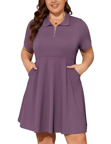 Viracy Golf Dress, Plus Size Golf Dresses With Shorts Knee Length 1/4 Zip Up Flowy Hem Lightweight Moisture Wicking Collared Athletic Apparel,Purple-Xl