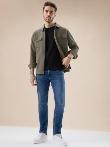 Image of Status Quo Men's Solid Textured Regular Fit Shacket with Zipper Clouser | 100% Polyester