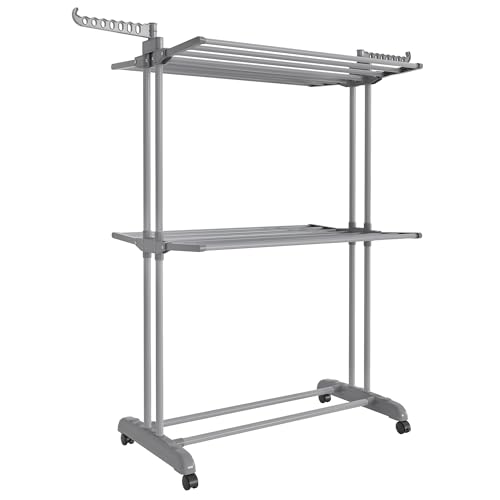 SONGMICS Clothes Drying Rack 3-Tier, Foldable Laundry Drying Rack 148 cm Tall, Steel, Rolling Clothes Horses, Laundry Hanger Dryer Airer, Indoor Outdoor Use, Dove Gray ULLR702G01