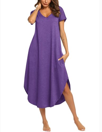 Image of Ekouaer Long Nightgowns for Women Short Sleeve House Dress with Pockets V Neck Sleepshirts Side Split Sleepwear S-4XL