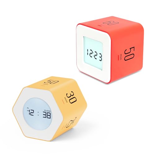 Mooas Productivity Cube Timer Bundle: Multi Cube Timer Clock (Neon Coral) & Multi-Hexagon Clock Timer (Yellow) – Flip Timer, Block Timer, ADHD Timer for Study, Kitchen, and Desk Timer Time Management