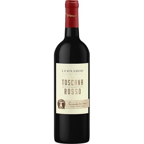 Leonardo Da Vinci Rosso Toscana IGT, der Wein hat einen weichen Geschmack und ein intensives Aroma von schwarzen Früchten, 13% Alkoholgehalt, 750ml-Flaschen