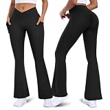 Vertvie Women Flare Leggings Scrunch Butt with Pockets V Crossover Workout Gym Yoga Pants Lifting Bell Bottom Leggings (Black,Medium)
