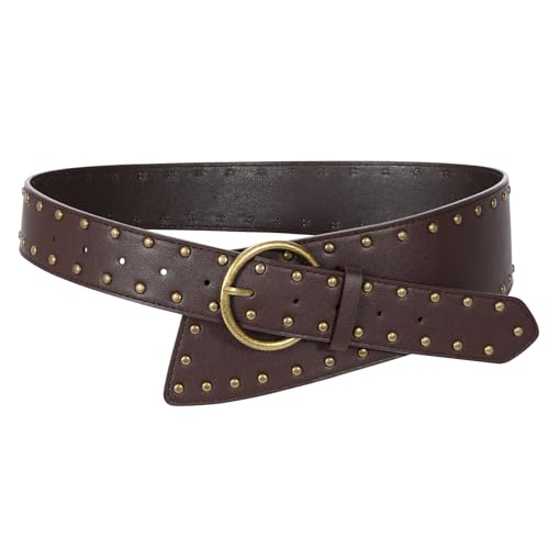 JASGOOD Women's Wide Waist Belt for Dresses Fashionable Rivet-Studded Thick Leather Belt with Gold Pin Buckle
