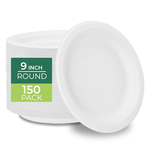Image of Freshware Paper Plates - Disposable 9 inch Plate, Biodegradable Sugarcane Dinner Plates - Heavy Duty Dinnerware for Hot Food - Microwave & Freezer Safe, Stackable Dinnerware - 150-Pack, 9 Inch