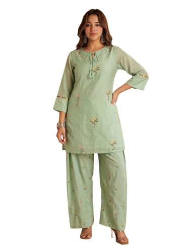 Image of ANNI Designer Farshi Salwar Suit for Women Viscose Embroidered | Co Ord Set for Woman | Straight Kurta Palazzo Outfit Round Neck V Slit 3 /4 Sleeve Ethnic Dress Womens Clothing