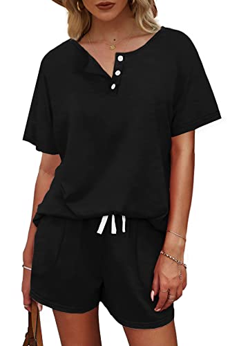 Image of WIHOLL Two Piece Outfits for Women Lounge Sets Button Down Top and Shorts Set Sweatsuits with Pockets