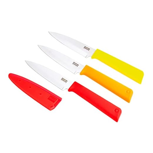 Kuhn Rikon Non-Stick Straight Paring Knife with Safety Sheath, Set of 3, 4 inch/10.16 cm Blade, Red, Orange and Yellow