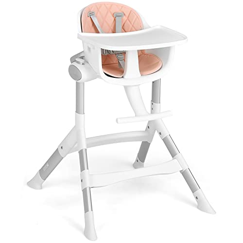 Image of INFANS Baby High Chair, Modern Convertible Design Highchair with Aluminum Construction, 5 Different Heights, Removable Tray, Detachable PU Leather Cushion, Dinning Seat for Infant and Toddlers Pink