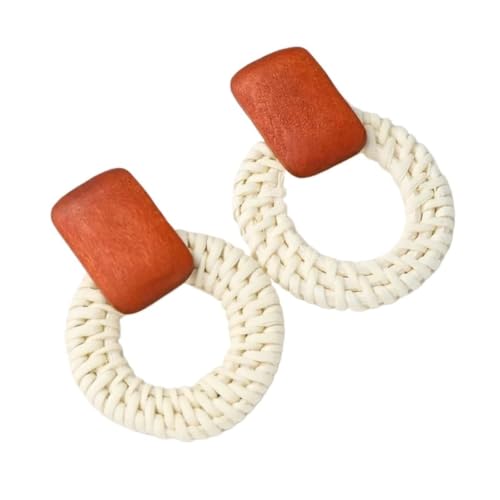 Pendientes de gota de ratán vintage redondos y grandes en color marrón para mujer