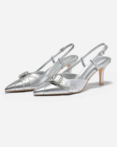 Image of Coutgo Womens Slingback Kitten Heels Studded Closed Pointed Toe Pumps with Buckle Party Dress Shoes