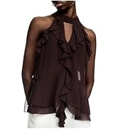 RoseSeek Women's Ruffle Mesh Halter Tops Cut Out Sleeveless Tie Back Tank Top Going Out Outfit