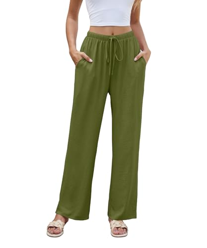 KUOTAI Womens Casual Elastic High Waist Wide Leg Pants Flowy Beach Palazzo Trousers with Pockets