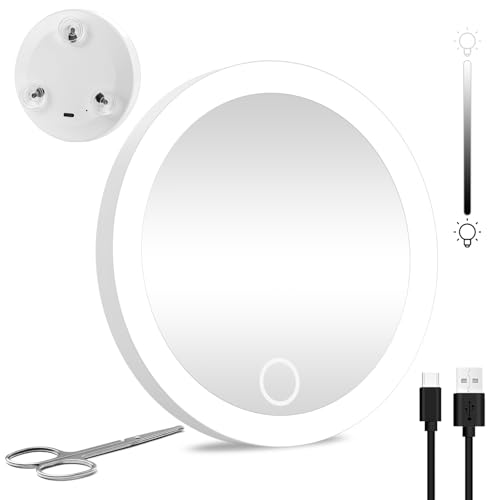 拡大鏡 メイク 10倍拡大鏡 ライト付きミラー 吸盤 鼻毛ハサミ付き コンパクトミラー ３光色 無段階調光 USB充電式 コンパクト 化粧鏡 収納便利 持ち運び便利 旅行用メイクアップミラーとして(ホワイト 10X)