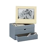 Relaxdays Joyero con Marco de Fotos, Madera-Cristal-Tela, Beige/Gris, 25 X 18 X 11,5