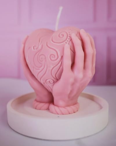 Image of Heart Held in Hands Sculpted Candle Pink | Decorative Sculpture, Swirl Embossed Design