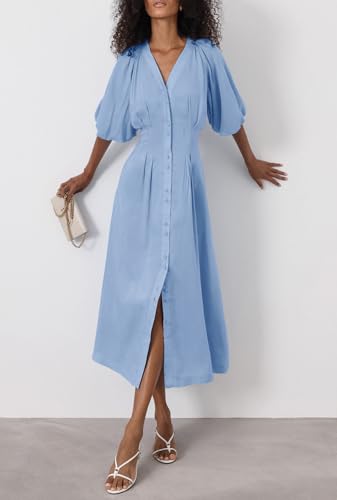 Image of chouyatou Women Summer Puff Sleeve Button Down Shirt Dress Flowy Elegant Business Casual Midi Long Dress