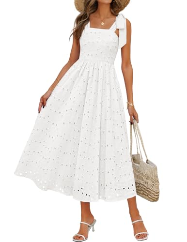 MEROKEETY Women's Summer Eyelet Square Neck Sundress 2026 Spring Sleeveless Flowy A Line Beach Vacation Long Maxi Dress, White, M