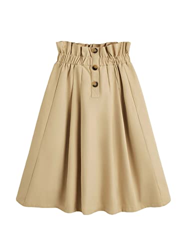 Verdusa Girl's Button Front Paperbag Waist A Line Long Flare Skirt Khaki 11-12Y #TOP12