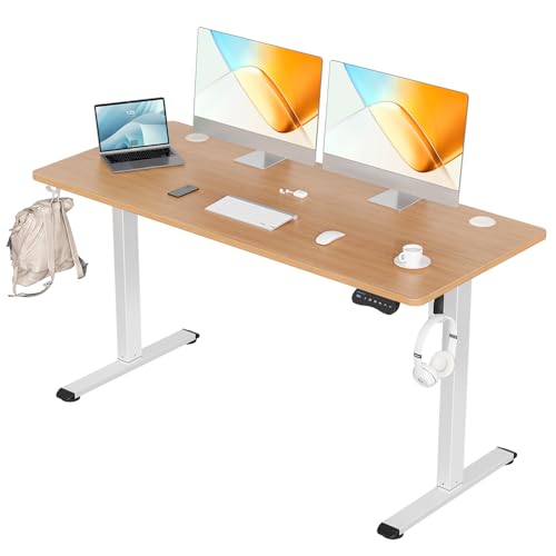 MOUNTUP Electric Standing Desk 140x60cm (55x24) Height Adjustable, Sit Stand Desk with Memory Controller, Ergonomic Stand Up Table for Home Office with Splice Board, Oak