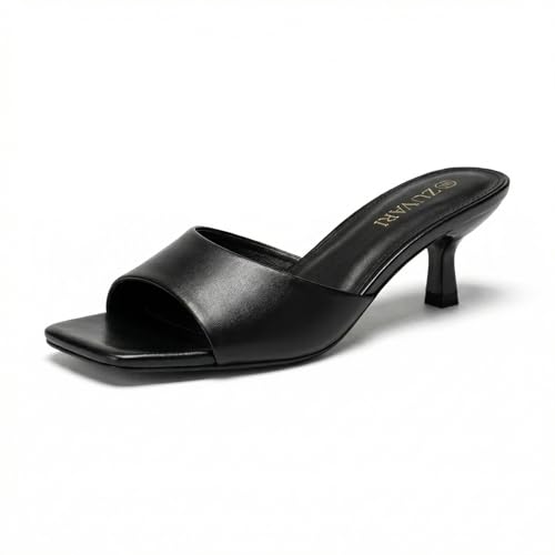 ZUVARI Women's Black Kitten Heel Sandals Square Open Toe Stiletto