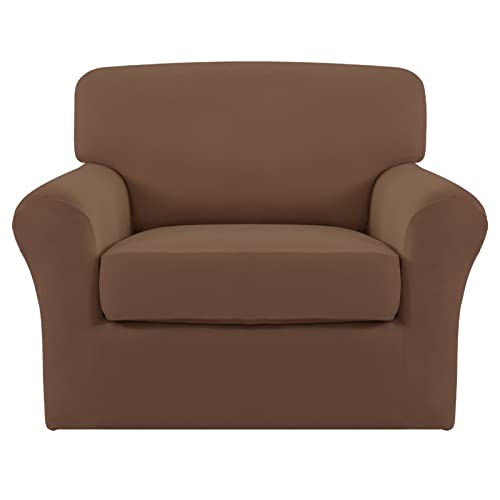 Image of Easy-Going 2 Pieces Stretch Sofa Slipcover for Armchair Washable | Spandex Soft Fitted Sofa Couch Cover for Living Room Washable Furniture Protector with Bottom Kids Pet Brown