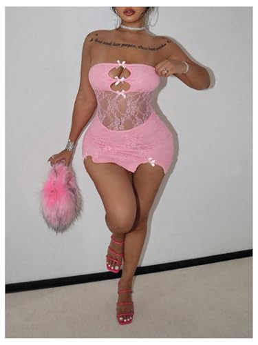 Image of Milumia Women's Strapless Cut Out Mesh Sheer Mini Tube Dress Sexy See Through Club Bodycon Night Out Rave Dresses